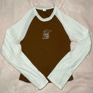 Long Sleeve White And Brown Baseball Style Tee